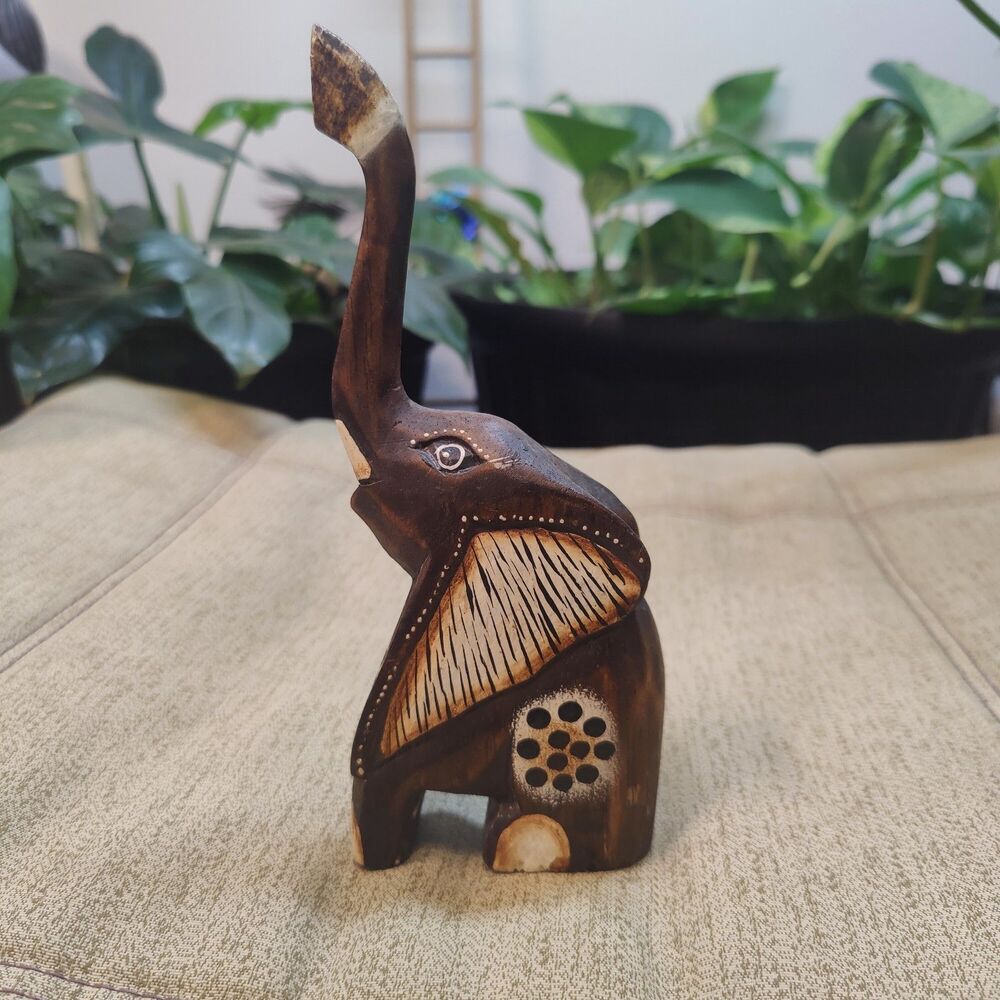 Hand Carved Painted Light Wt Wood Elephant Figurine Trunk Up Good Luck Boho 8"